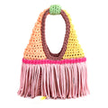 Handmade Island Sorbet crochet fringe mini bag made with stretch nylon/spandex. 