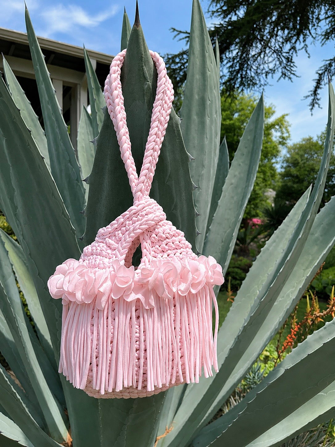 Handmade petal pink crochet flower fringe mini swing bag