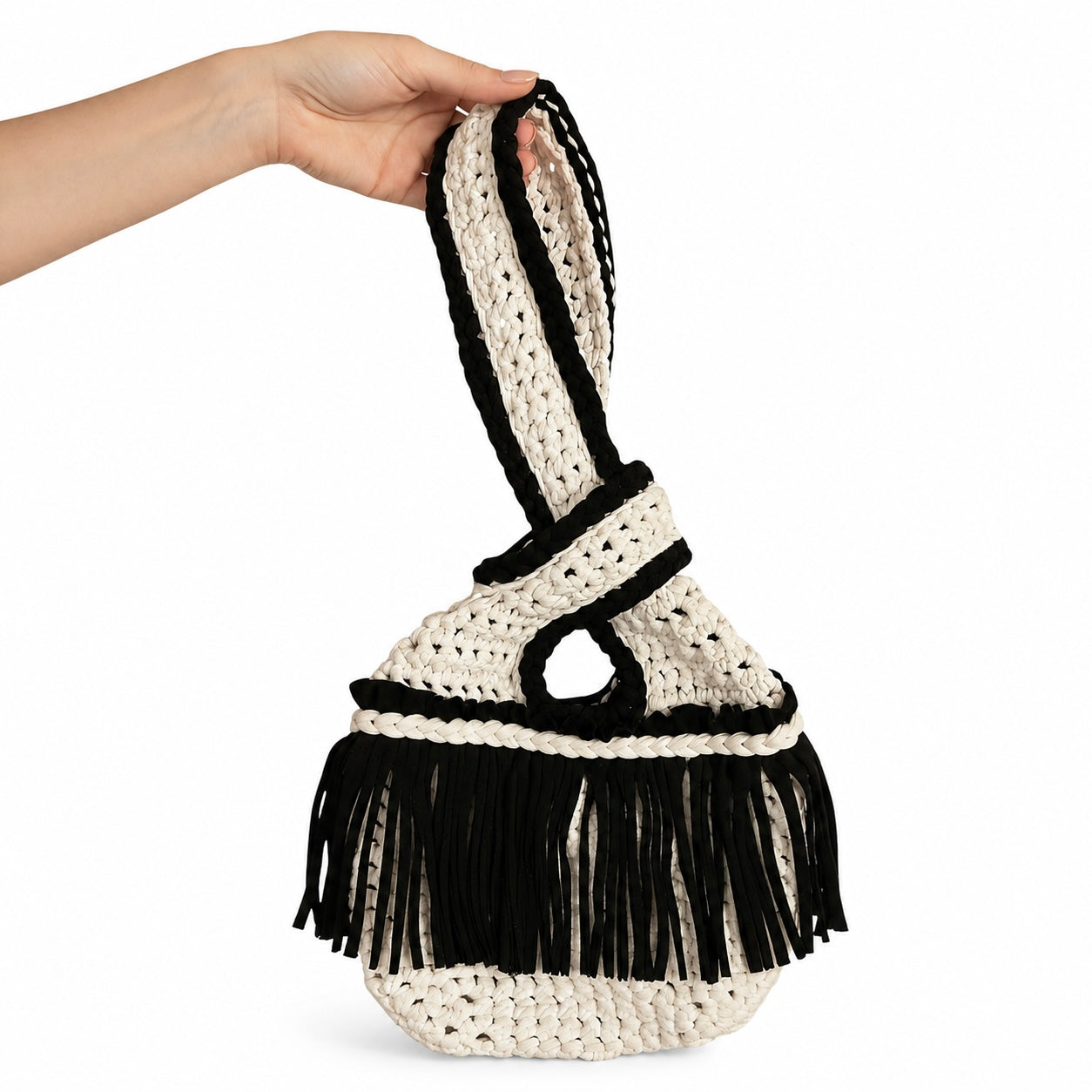 Crochet Onyx black and Gardenia white fringe mini swing bag, handmade with stretch nylon/spandex. 