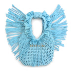 Handmade Mini Me hydrangea blue crochet bag with flower lei trim and flowing fringe. Customize your colors and personalize with gold lettering.
