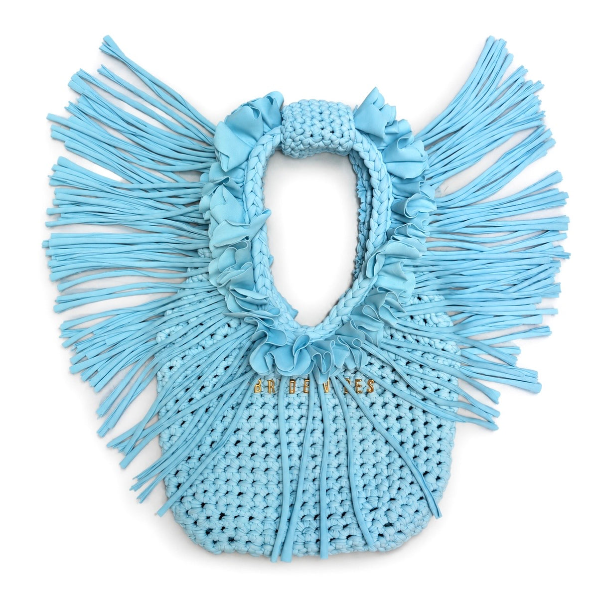 Handmade Mini Me hydrangea blue crochet bag with flower lei trim and flowing fringe. Customize your colors and personalize with gold lettering.