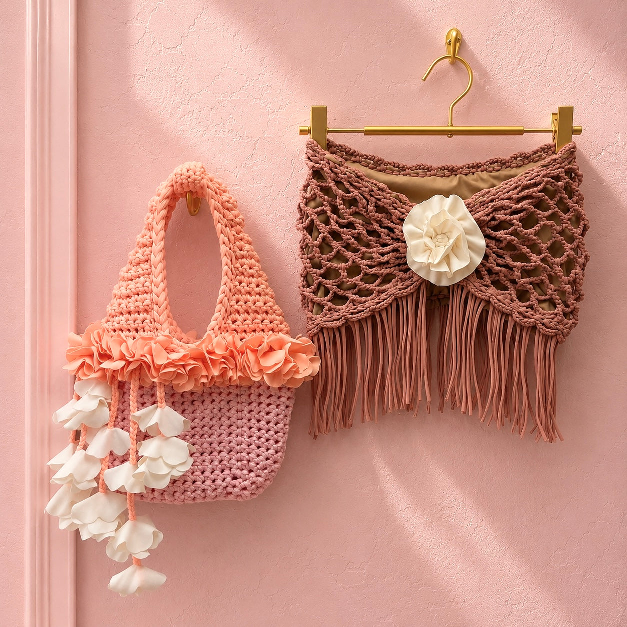 Handmade petal pink and poppy orange crochet floral mini bag with cream petal bells paired with desert rosette fringe top. 