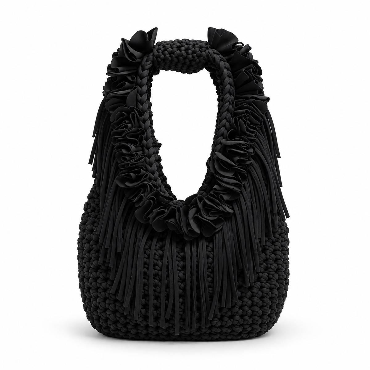 Onyx black hand-crocheted Flower Lei Mini bag with cascading floral ruffles and fringe, featuring a braided handle and sculptural mini silhouette.
