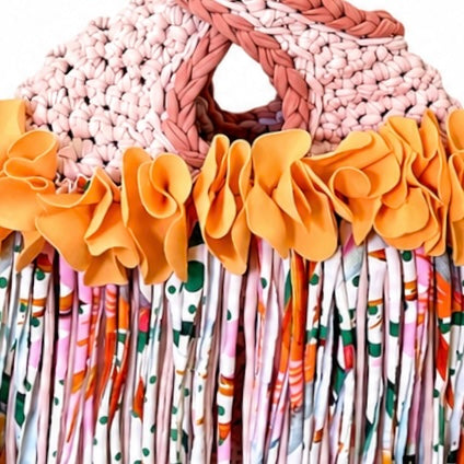 Handmade desert bloom tan crochet flower fringe mini swing bag