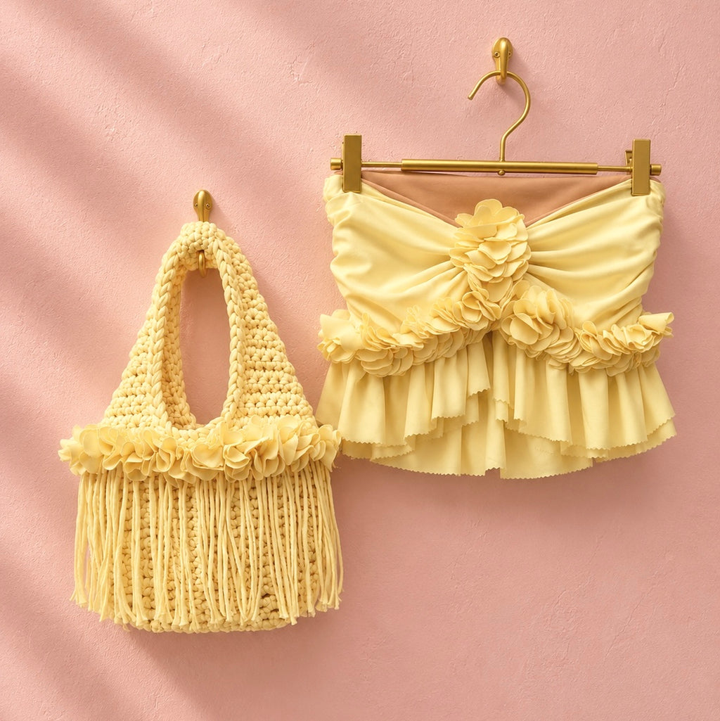 Handmade Daffodil light yellow crochet fringe mini bag and flower tube top, made with stretch nylon/spandex. 