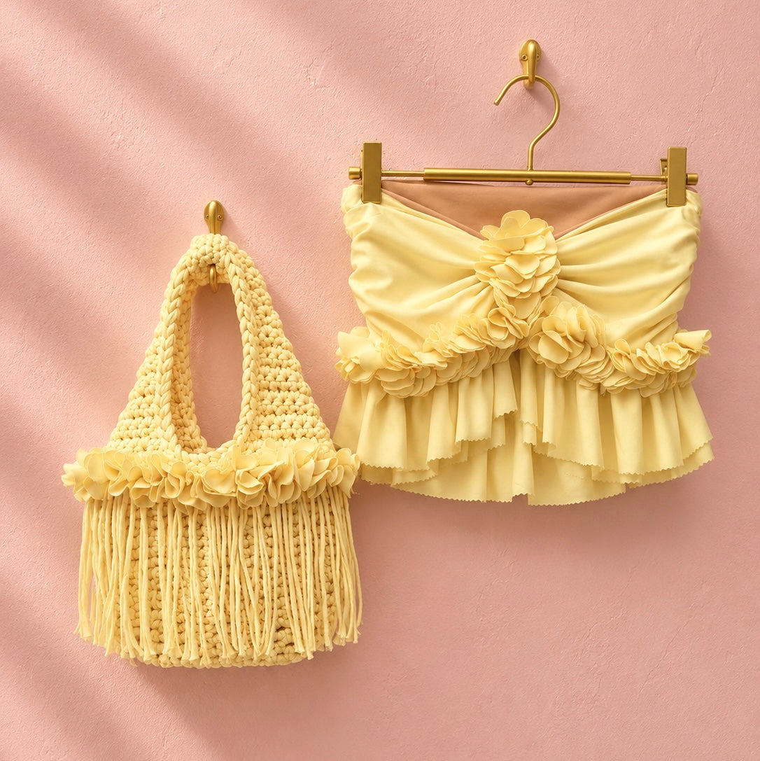 Handmade Daffodil light yellow crochet fringe mini bag and flower tube top, made with stretch nylon/spandex. 