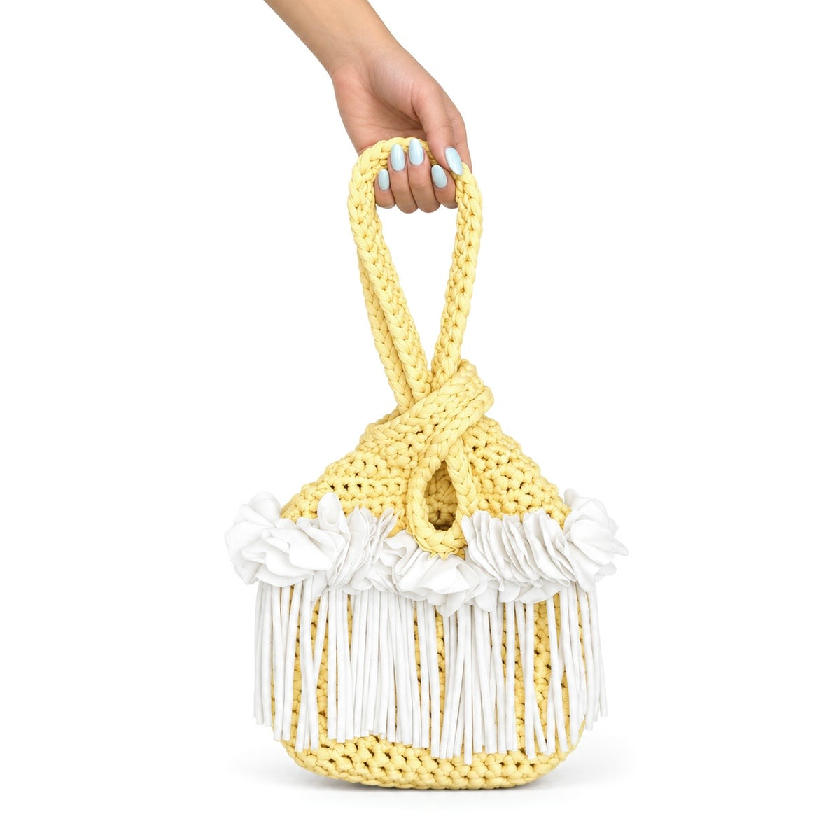 Handmade Mini Me crochet bag in yellow and white with braided wristlet handle and flowing fringe. Customize your colors and personalize with gold lettering.