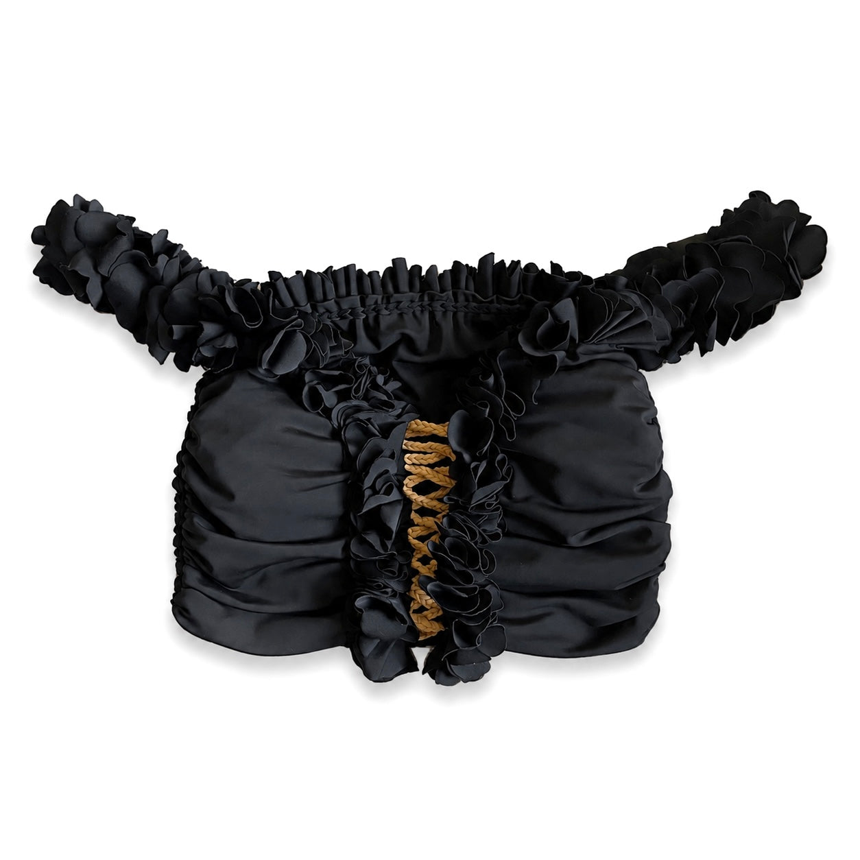 Onyx black floral off-the-shoulder crop top with flower lei trim and hand-crocheted lace-up center detail.