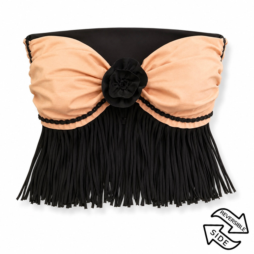 Reversible handmade onyx black fringe rose bandeau top 