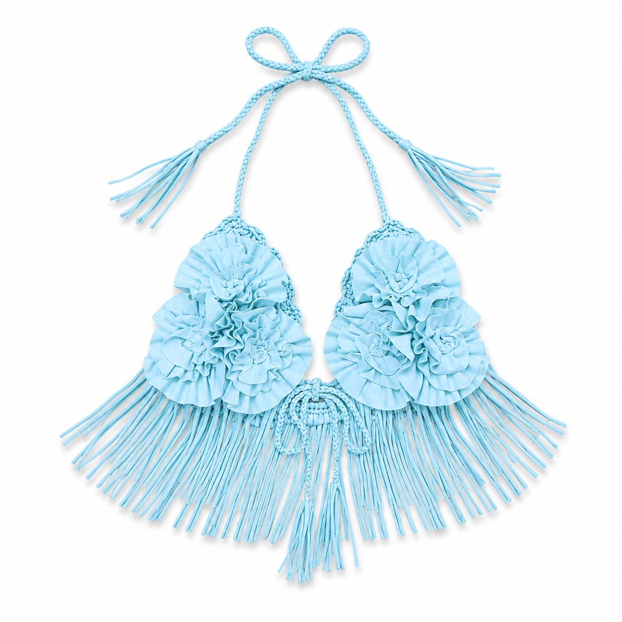 Hydrangea blue floral rosette triangle tie halter top with hand-crocheted details and fringe trim.  