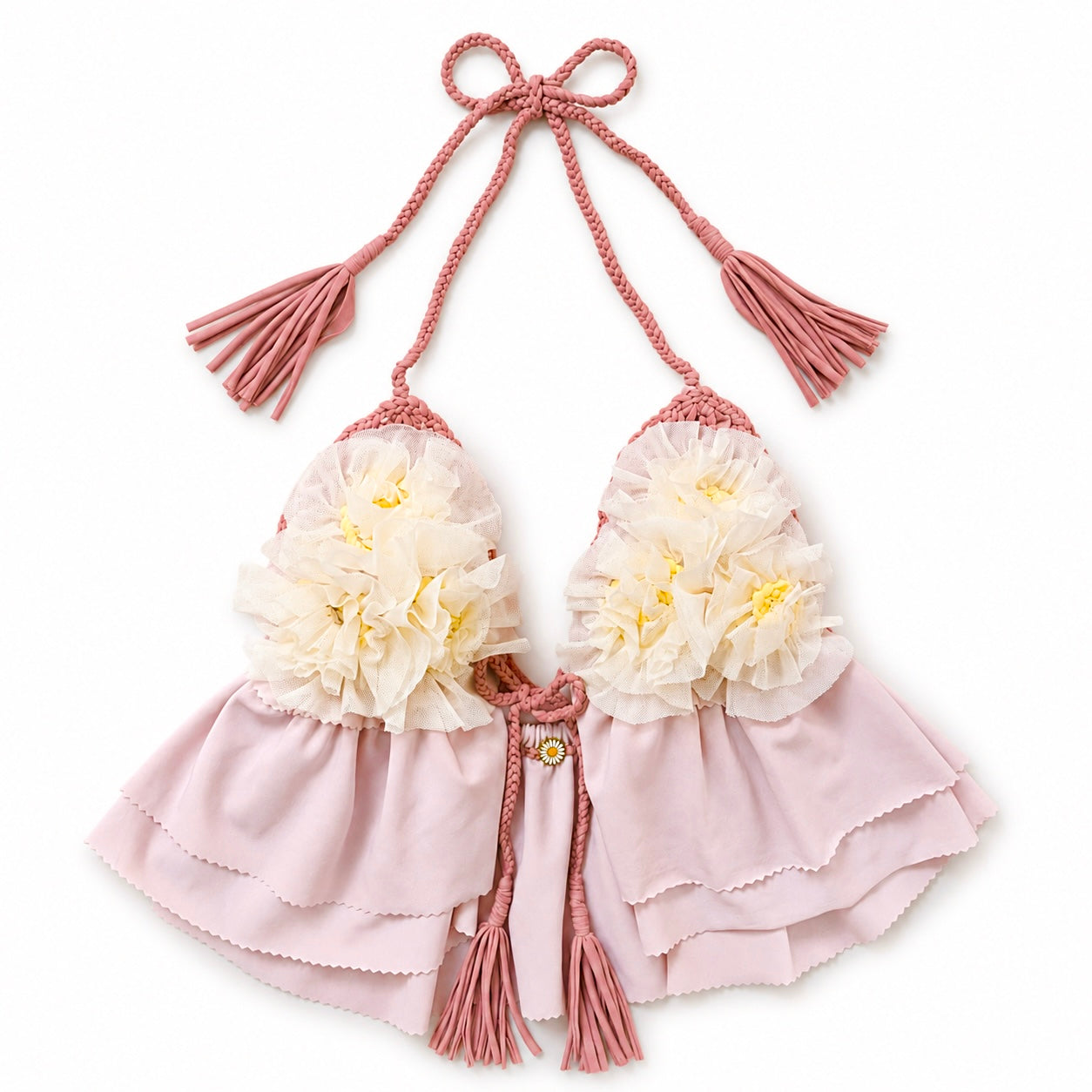 Blush Gardenia floral rosette triangle tie halter top with hand-crocheted details and layered ruffles. 