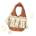 Hand crocheted Fringe Mini bag in rich saddle brown with cream braided trim and long flowing western style fringe. 