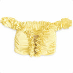 Daffodil yellow off-the-shoulder flower lei tube top with floral trim and hand-crocheted lace-up center detail.