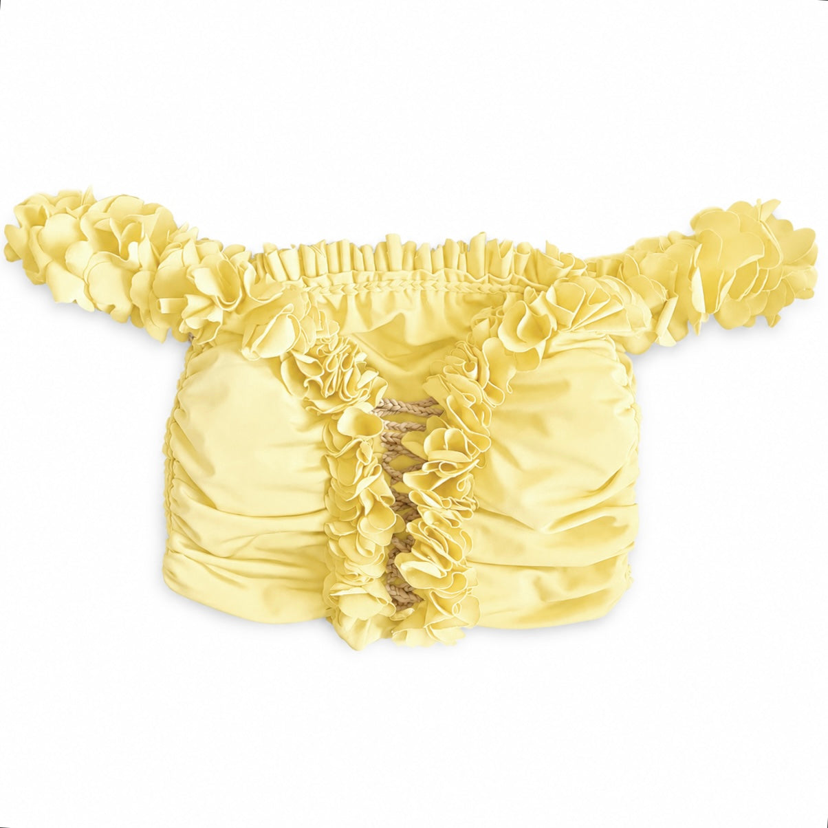 Daffodil light yellow floral off-the-shoulder crop top with flower lei trim and hand-crocheted lace-up center detail.