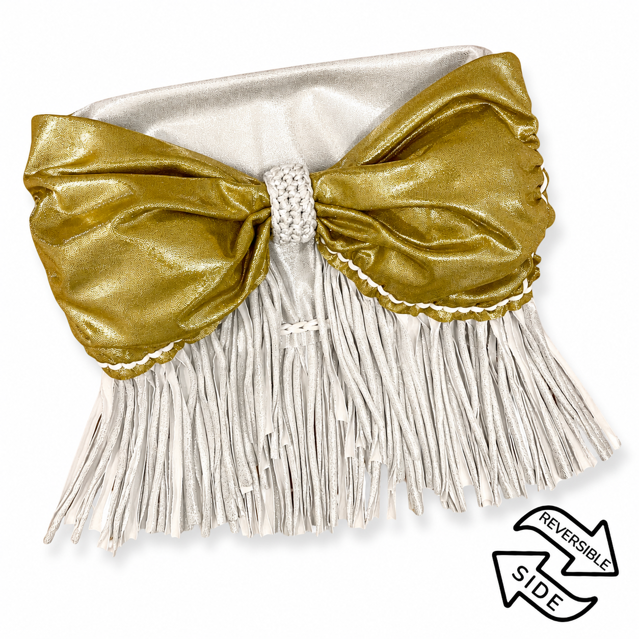 Reversible handmade metallic gold and silver fringe bow tube top 