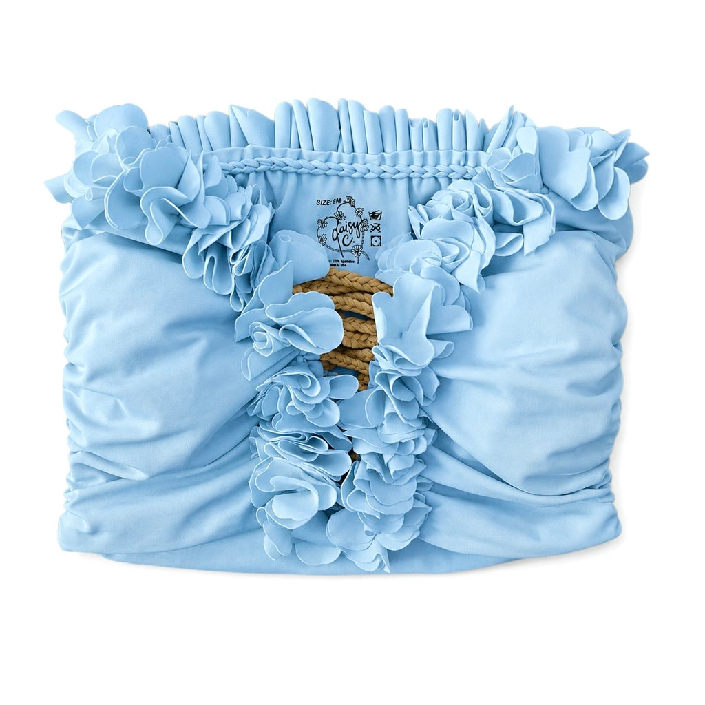 Hydrangea light blue floral tube top with flower lei trim and hand-crocheted, open lace-up center detail.