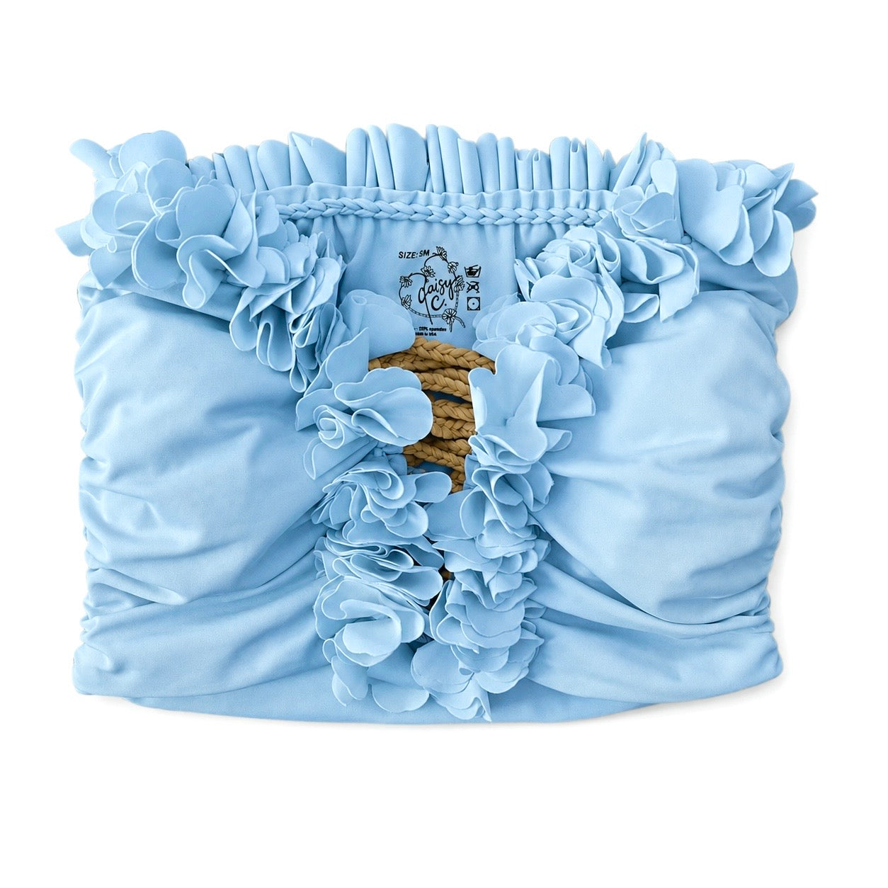 Hydrangea light blue floral tube top with flower lei trim and hand-crocheted, open lace-up center detail.