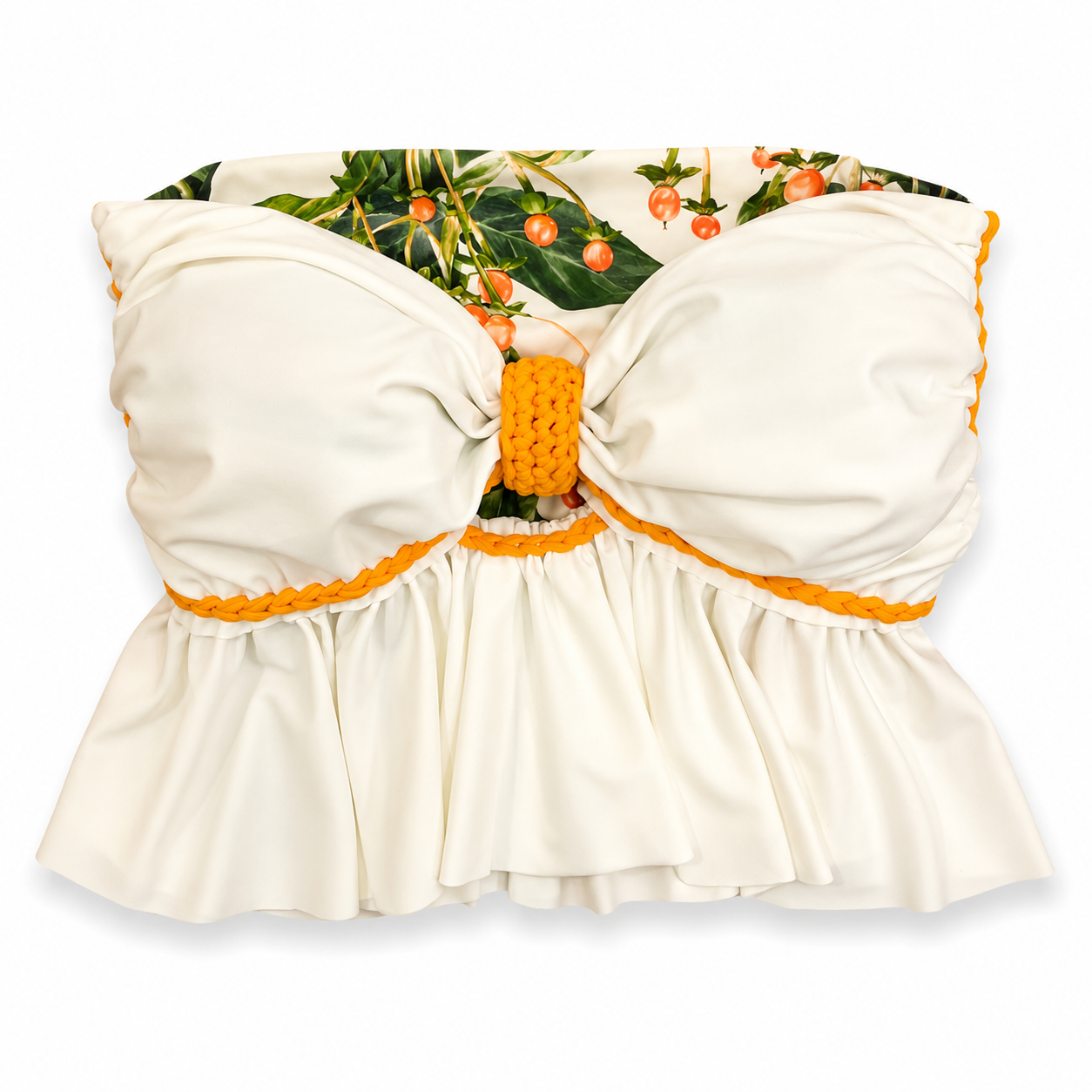 Reversible handmade white botanical print ruffle bow crochet tube top