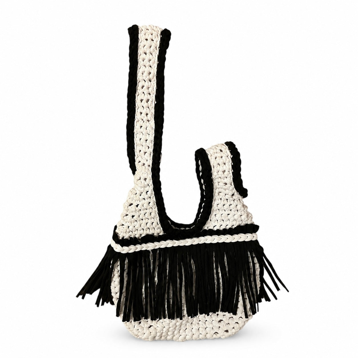 Crochet Onyx black and Gardenia white fringe mini swing bag, handmade with stretch nylon/spandex. 