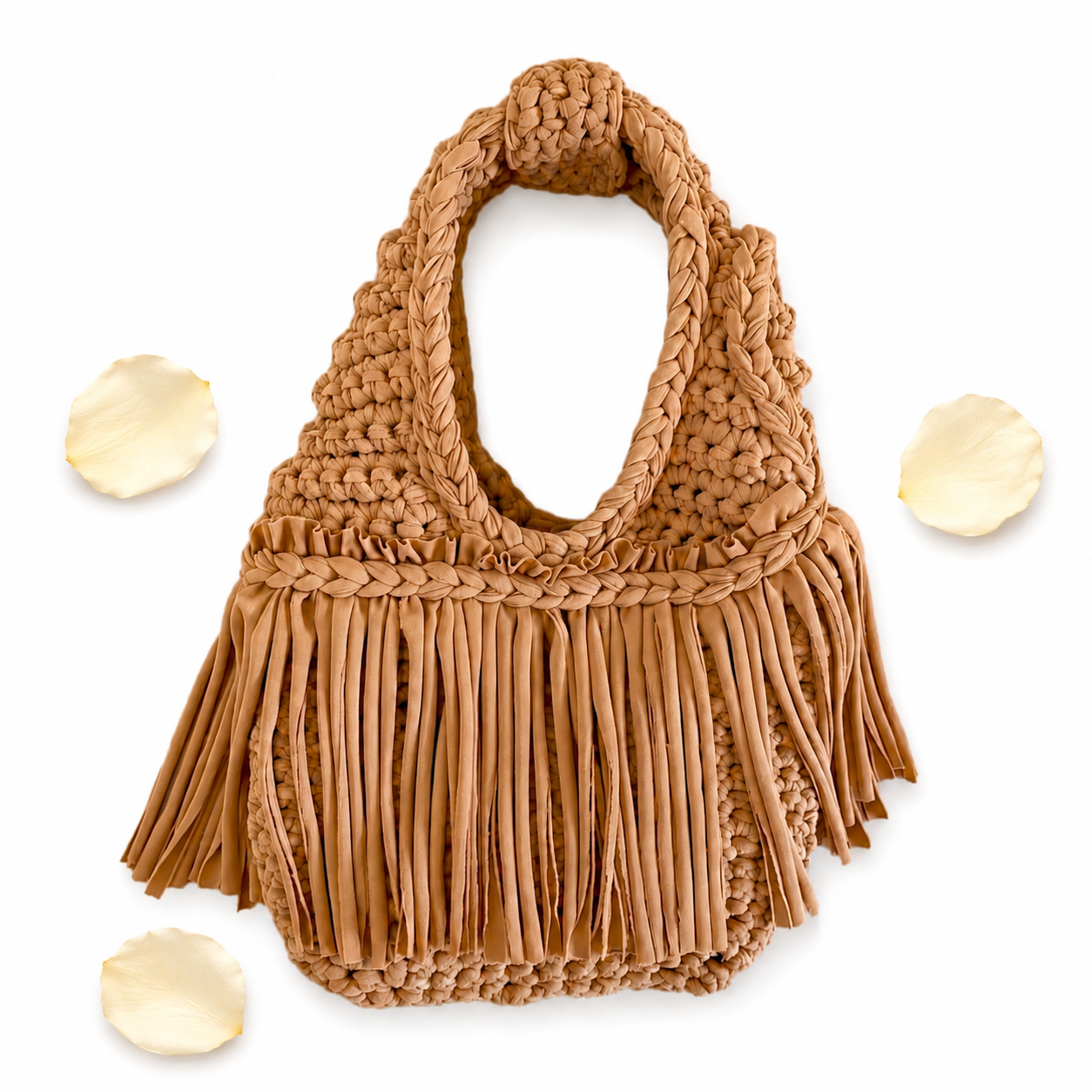 Handmade Hazelnut brown crochet fringe mini bag made with stretch nylon/spandex. 