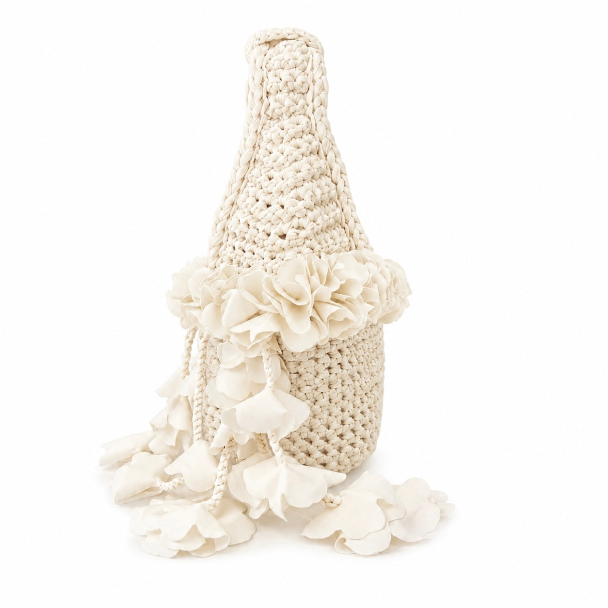 Handmade magnolia cream crochet floral mini bag with white cascading petal bells, for bridal, weddings and parties.