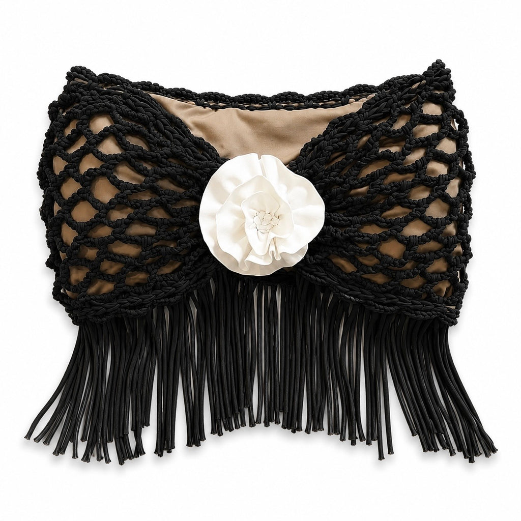 Handmade crochet rosette onyx black strapless floral fringe tube top