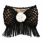 Handmade crochet rosette onyx black strapless floral fringe tube top