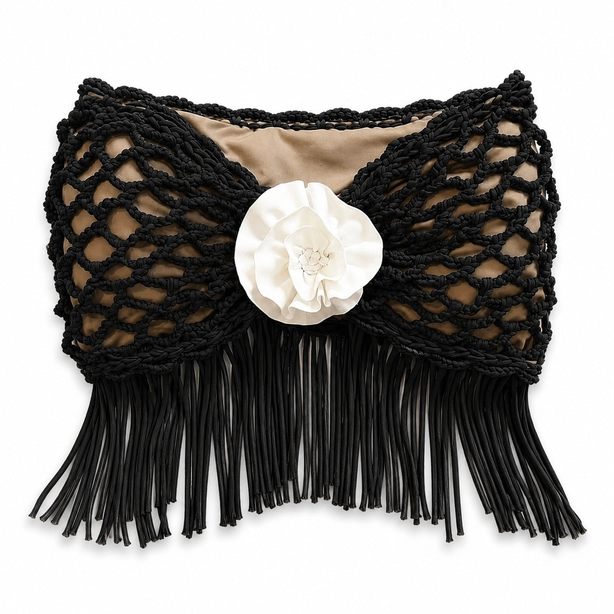 Handmade crochet rosette onyx black strapless floral fringe tube top