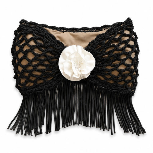 Handmade crochet rosette onyx black strapless floral fringe tube top