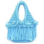 Handmade Hydrangea blue crochet mini bag with sculptural floral trim, flowing fringe and a braided handle.