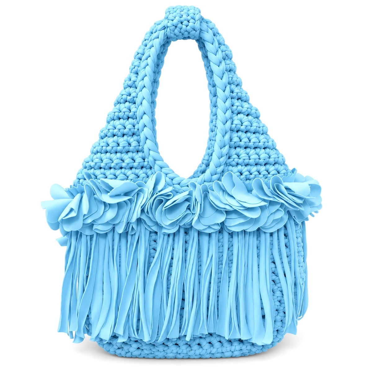 Handmade Hydrangea blue crochet mini bag with sculptural floral trim, flowing fringe and a braided handle.