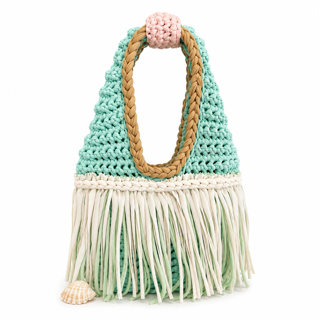 Handmade lagoon blue green crochet fringe mini bag
