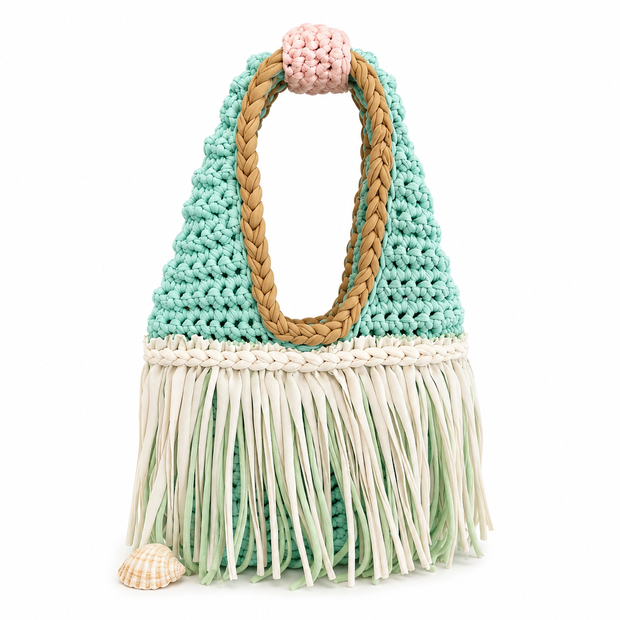 Handmade lagoon blue green crochet fringe mini bag