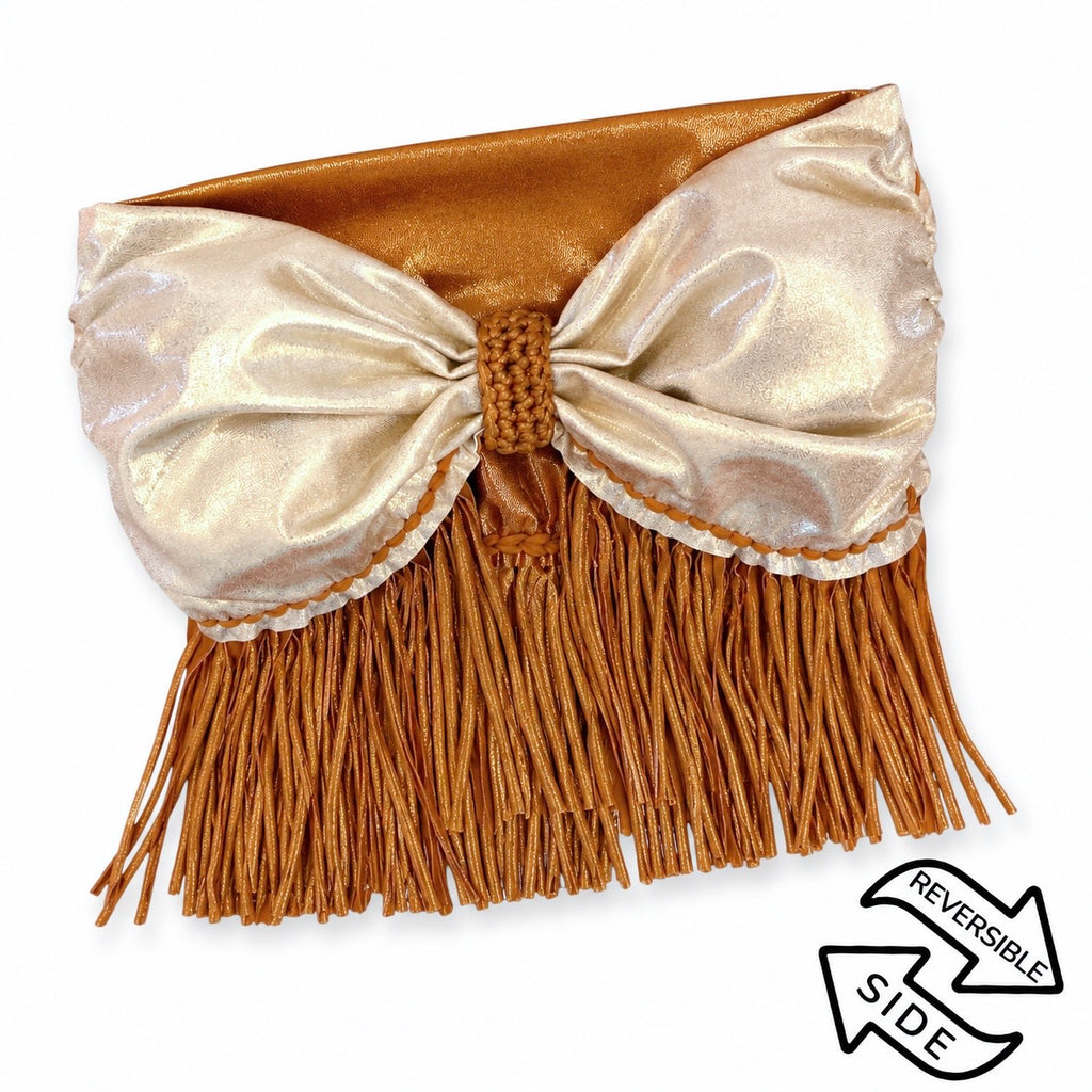 Reversible handmade metallic silver and copper fringe bow tube top