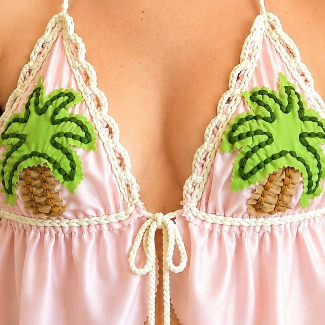 Handmade pink tropical palm tree crochet triangle halter top