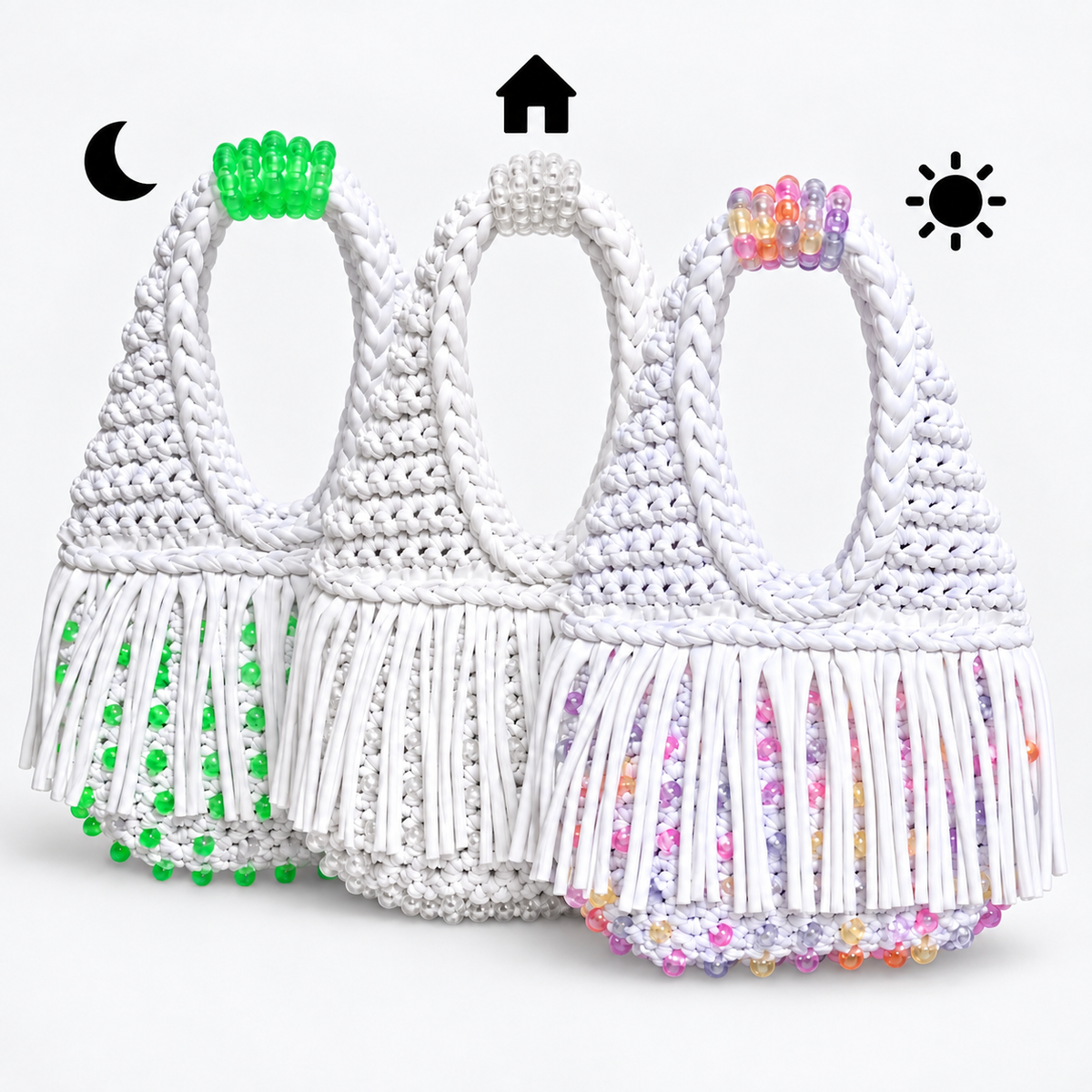 Gardenia white handmade crochet fringe mini bag with UV-reactive beads transforms into pink, purple, peach and pearly tones in daylight and glow-in-the-dark, fluorescent glowing green tones at nighttime. 