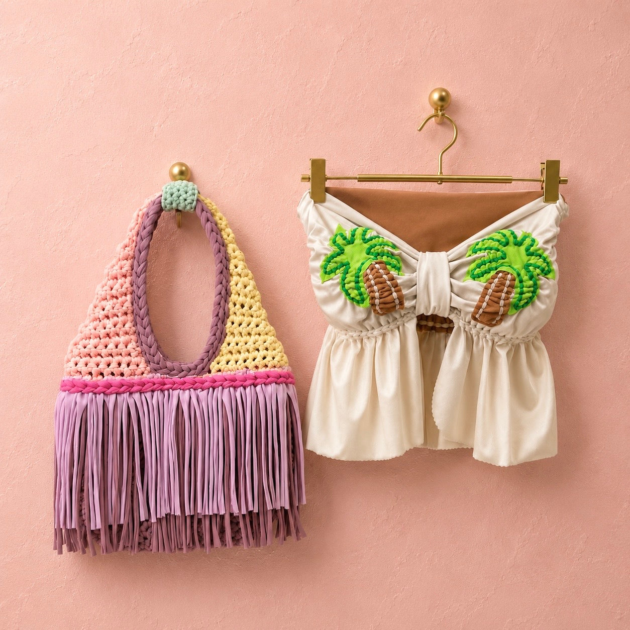 Handmade island sorbet multi color crochet fringe mini swing bag