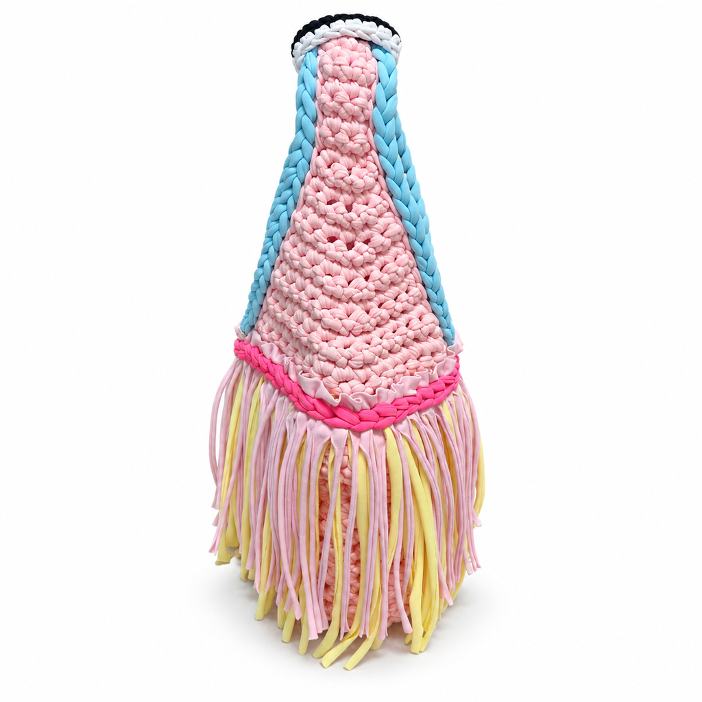 Handmade crochet fringe mini bag in Petal pink with Hydrangea blue, Hibiscus pink and Daffodil yellow details and flowing fringe.