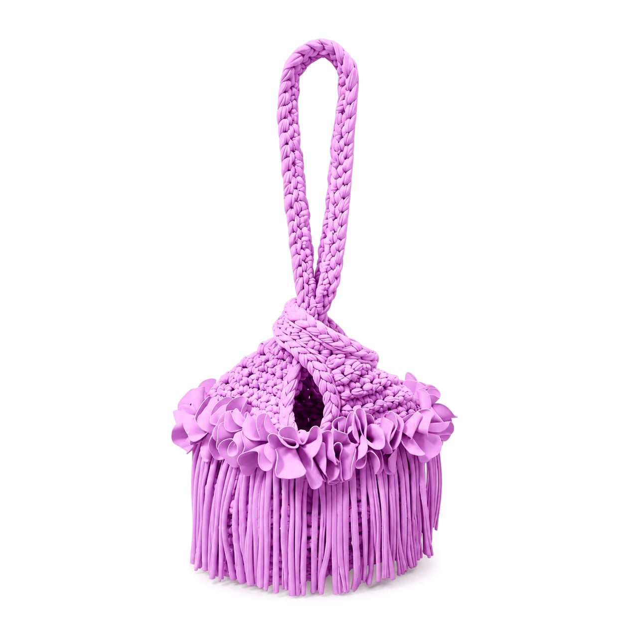 Crochet Orchid pink purple flower fringe mini swing bag, handmade with stretch nylon/spandex. 