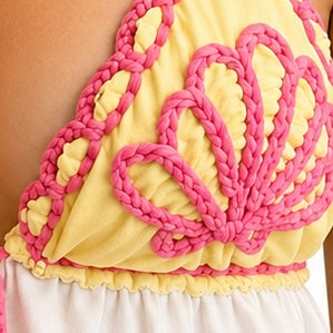 Handmade pink and yellow tropical shell crochet triangle halter top