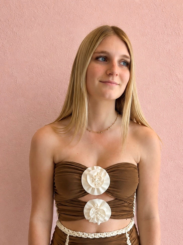 Reversible handmade brown and cream double rose bandeau tube top and mini skirt set.