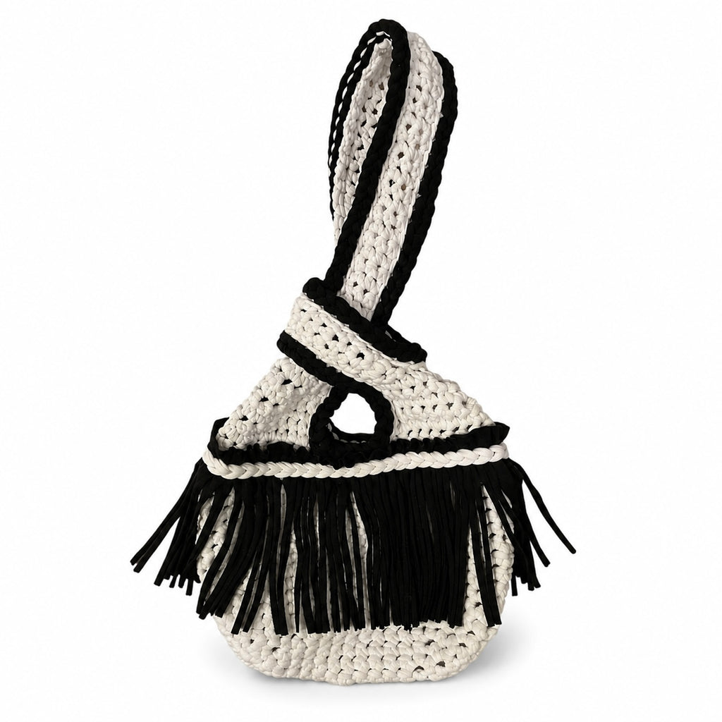 Crochet Onyx black and Gardenia white fringe mini swing bag, handmade with stretch nylon/spandex. 