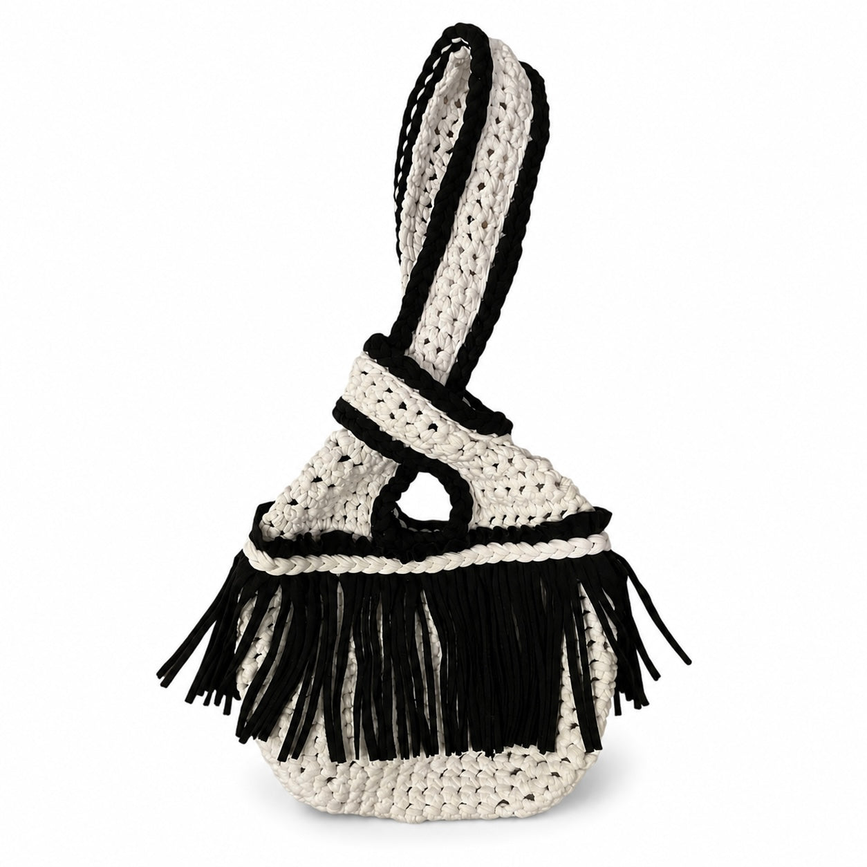 Crochet Onyx black and Gardenia white fringe mini swing bag, handmade with stretch nylon/spandex. 
