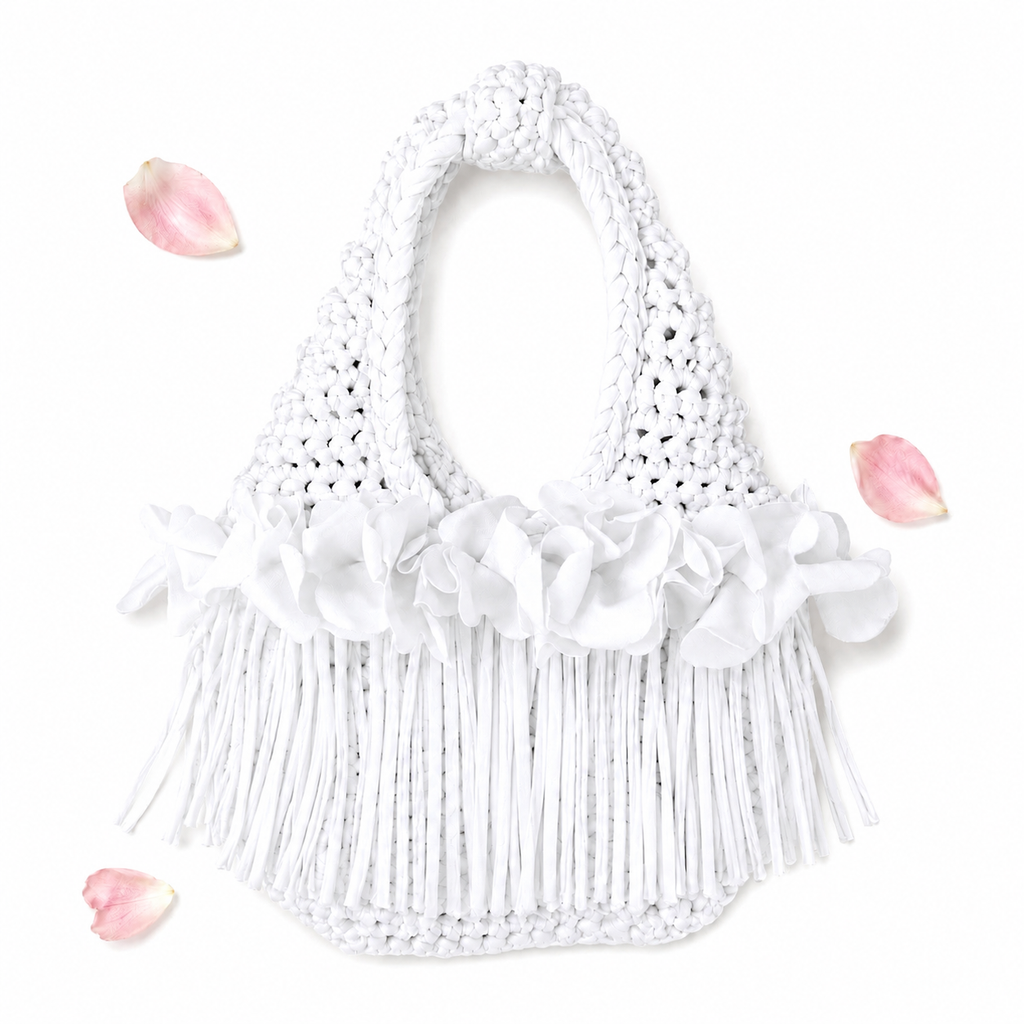 Crochet Gardenia white flower fringe mini bag, handmade with stretch nylon/spandex. 
