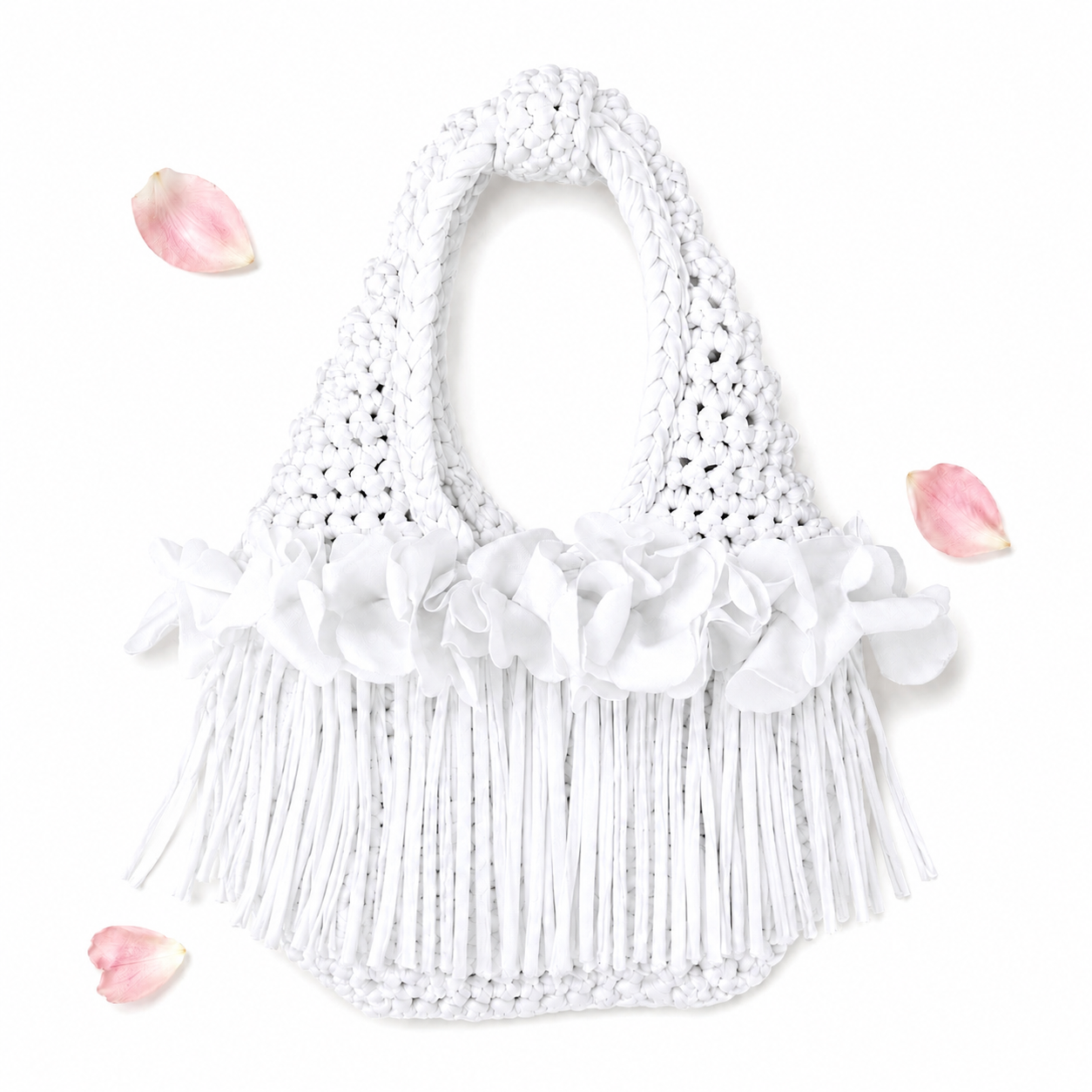 Crochet Gardenia white flower fringe mini bag, handmade with stretch nylon/spandex. 