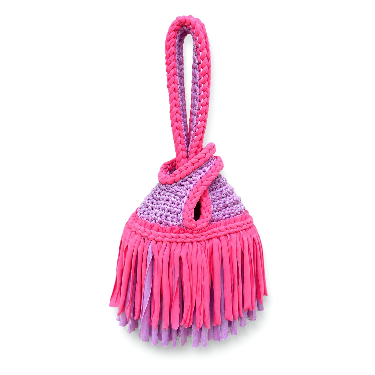 Handmade crochet mini swing bag in Hibiscus pink and Lilac purple with two-tone fringe and a loop-through wristlet handle.