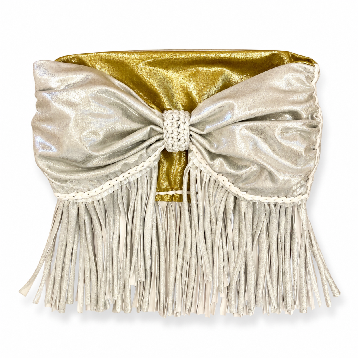 Reversible handmade metallic silver and gold fringe bow tube top