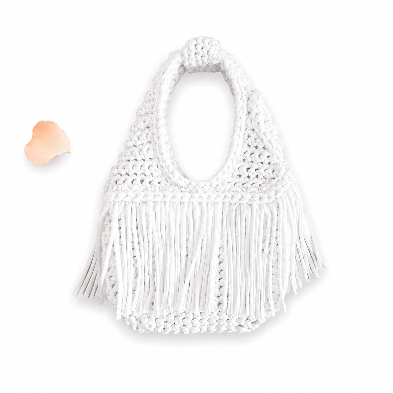 Handmade Gardenia white crochet fringe mini bag made with stretch nylon/spandex. 