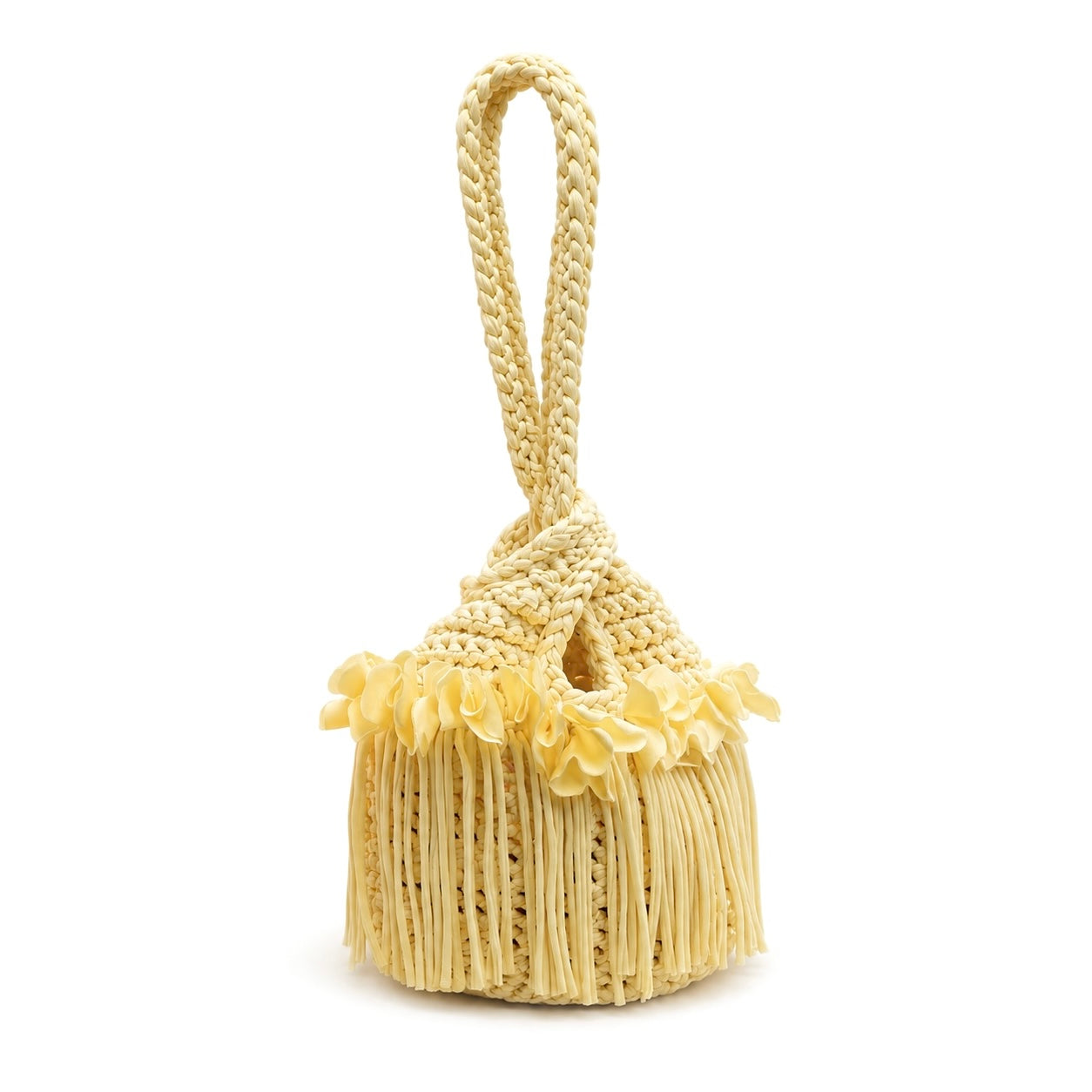 Handmade daffodil yellow crochet flower fringe mini swing bag