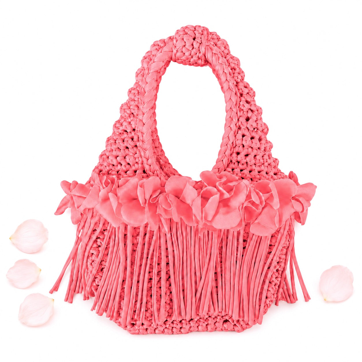 Crochet Hibiscus coral flower fringe mini bag, handmade with stretch nylon/spandex. 